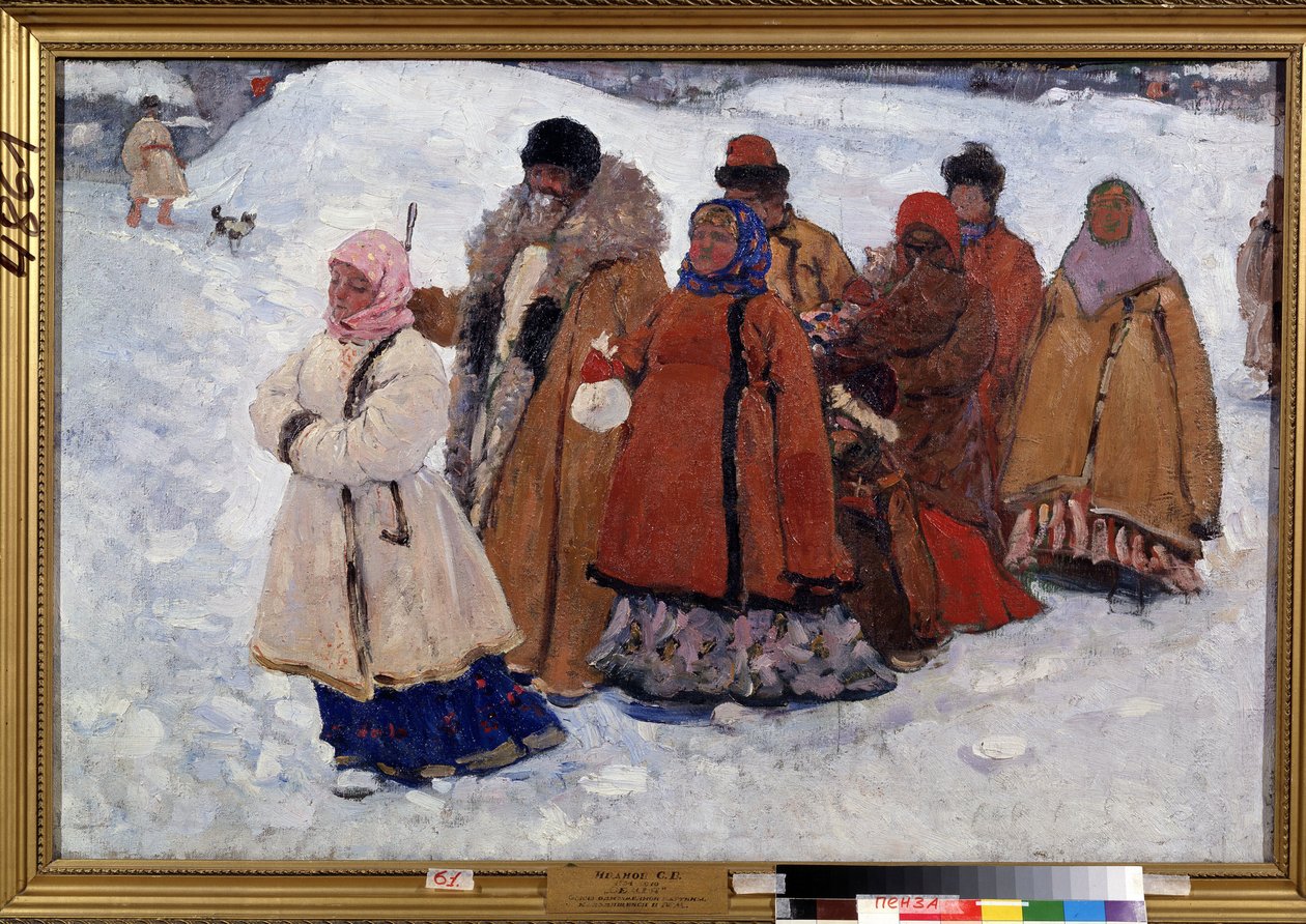 一个家庭一个俄罗斯家庭穿着大衣在雪中漫步。谢尔盖-瓦西里耶维奇-伊万诺夫（1864-1910 年）的画作，布面油画 作者 谢尔盖·瓦西里维奇·伊万诺夫（Sergej Vasilevic Ivanov）
