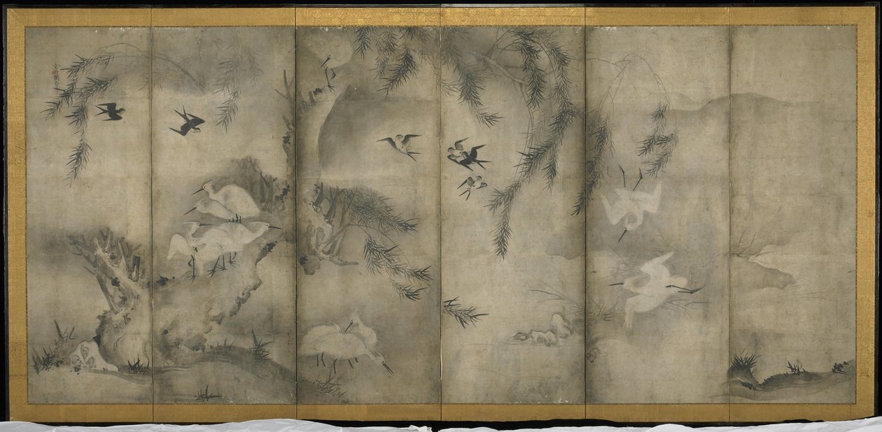 柳树，梅花和柳树白鹭，六面板折叠屏幕（纸上墨水） 作者 塞森·史凯
