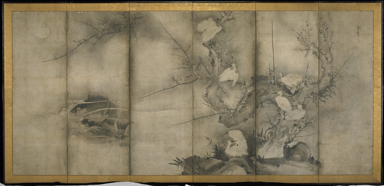 柳树，梅花和柳树中的白鹭，六面板折叠屏幕（纸上墨水） 作者 塞森·史凯