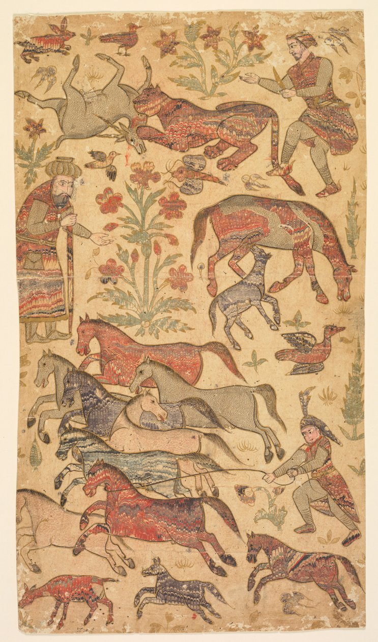 鲁斯塔姆抓住拉赫什的大理石花纹画，约1650年。 作者 沙菲