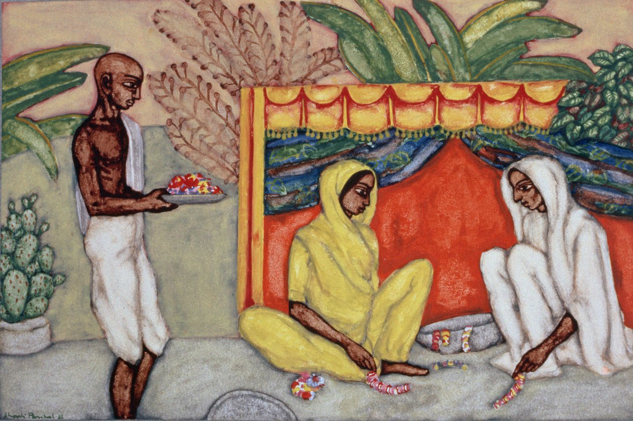 Garland Making，1986（wc on paper） 作者 香提·潘查（Shanti Panchal）