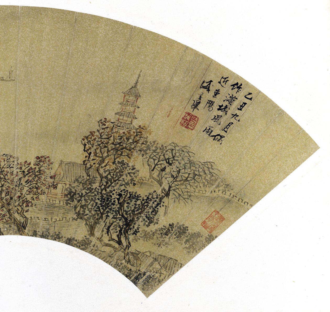 详细的景观与宝塔，房屋和船，1625（墨水和金纸上的颜色） 作者 盛茂业