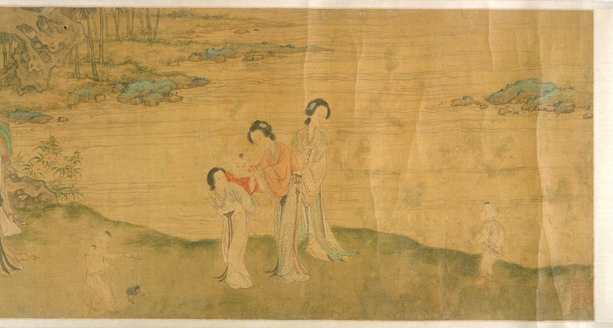 花园中的妇女和儿童（绢本水墨和彩色） 作者 石旺