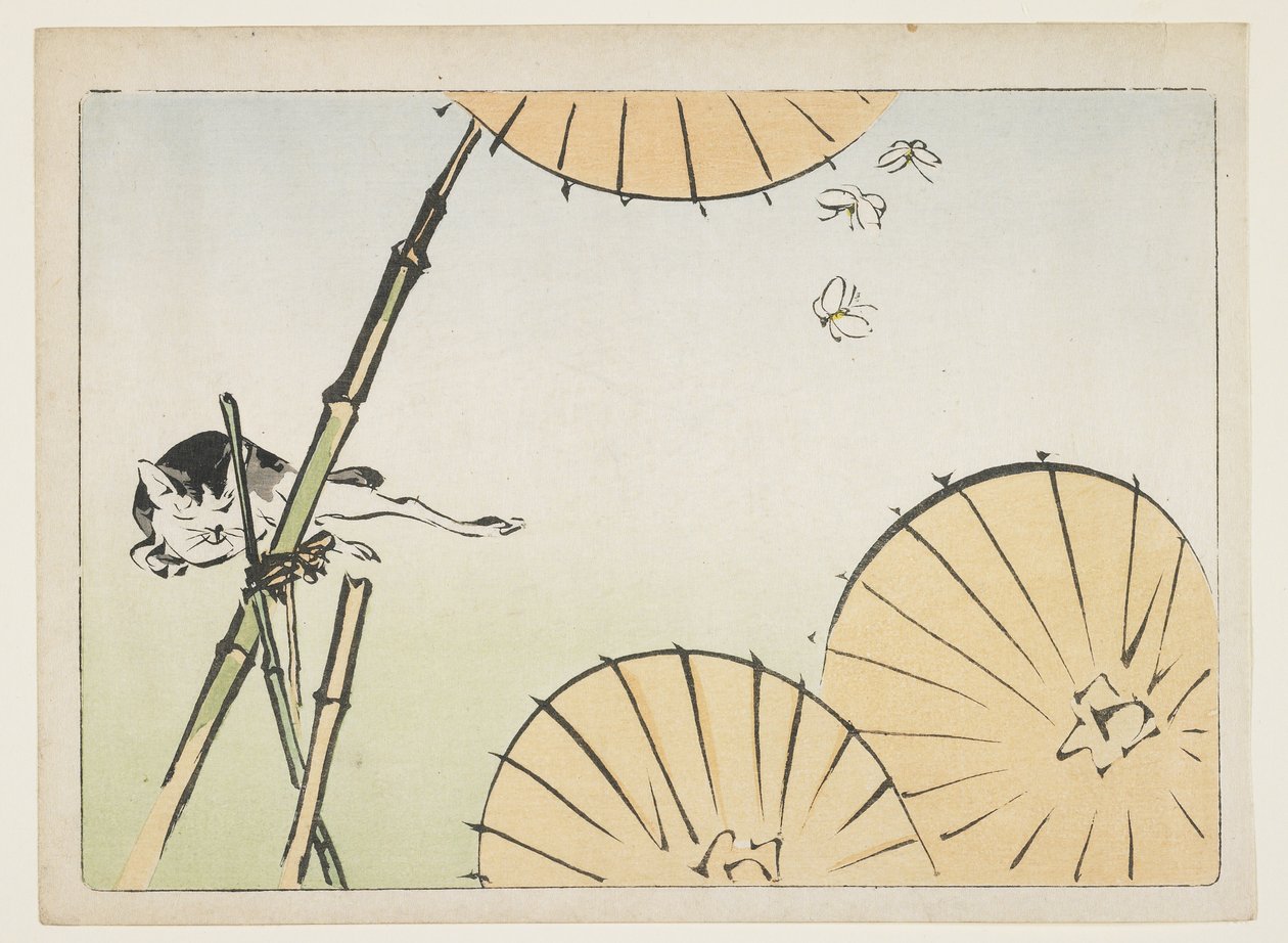 （竹子，雨伞，猫和蝴蝶），c。 1877年 作者 Shibata Zeshin