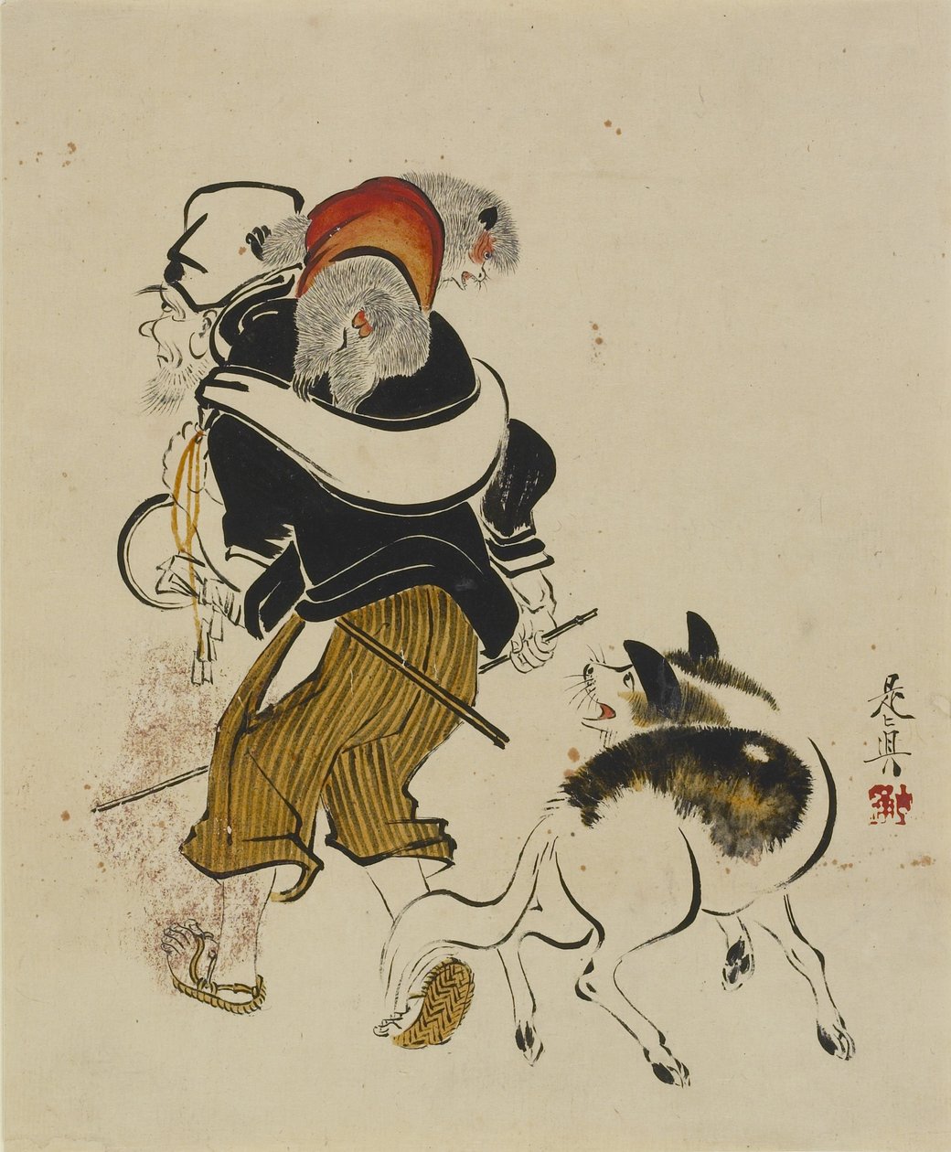 （猴子训练师和狗），19世纪中后期 作者 Shibata Zeshin