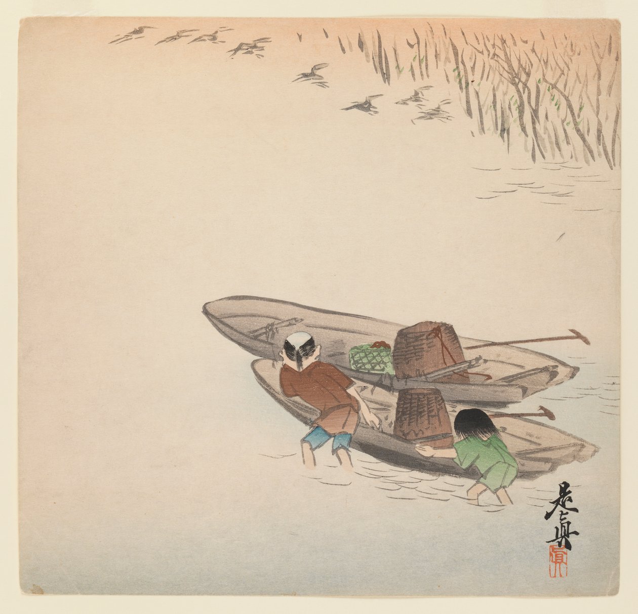 渔夫与男孩和船从系列Hana Kurabe，c.1880（木版彩色印刷） 作者 Shibata Zeshin