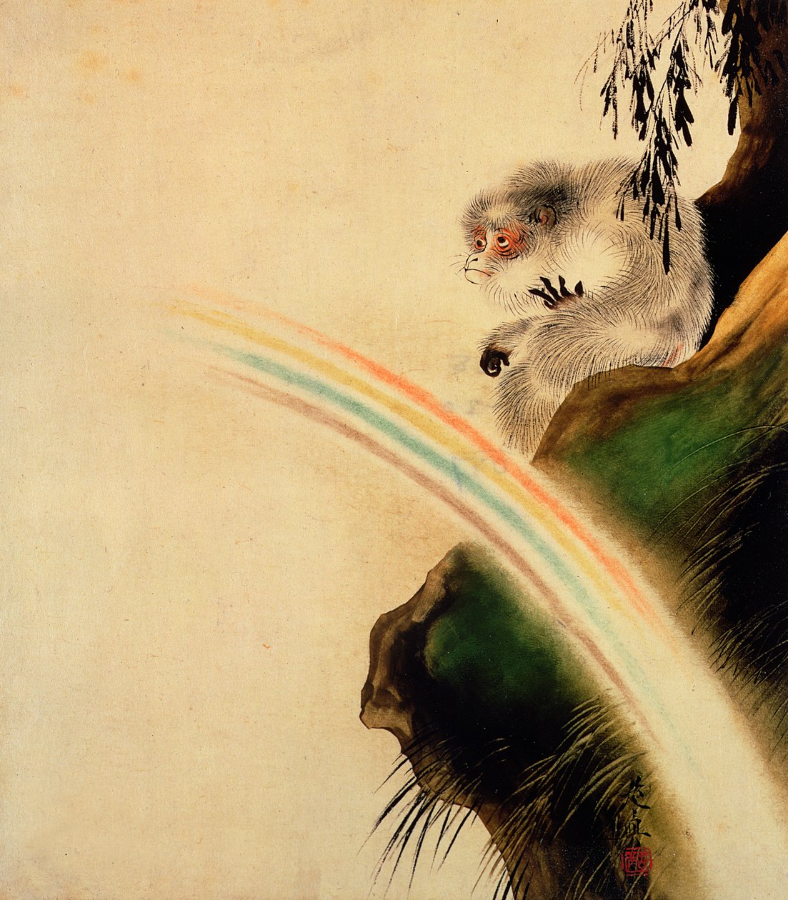 长臂猿坐在岩石上，前景是彩虹（纸上的漆） 作者 Shibata Zeshin