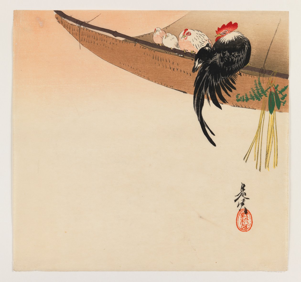 Hana Kurabe系列吊床的母鸡和公鸡，1880年（木版彩色印刷） 作者 Shibata Zeshin