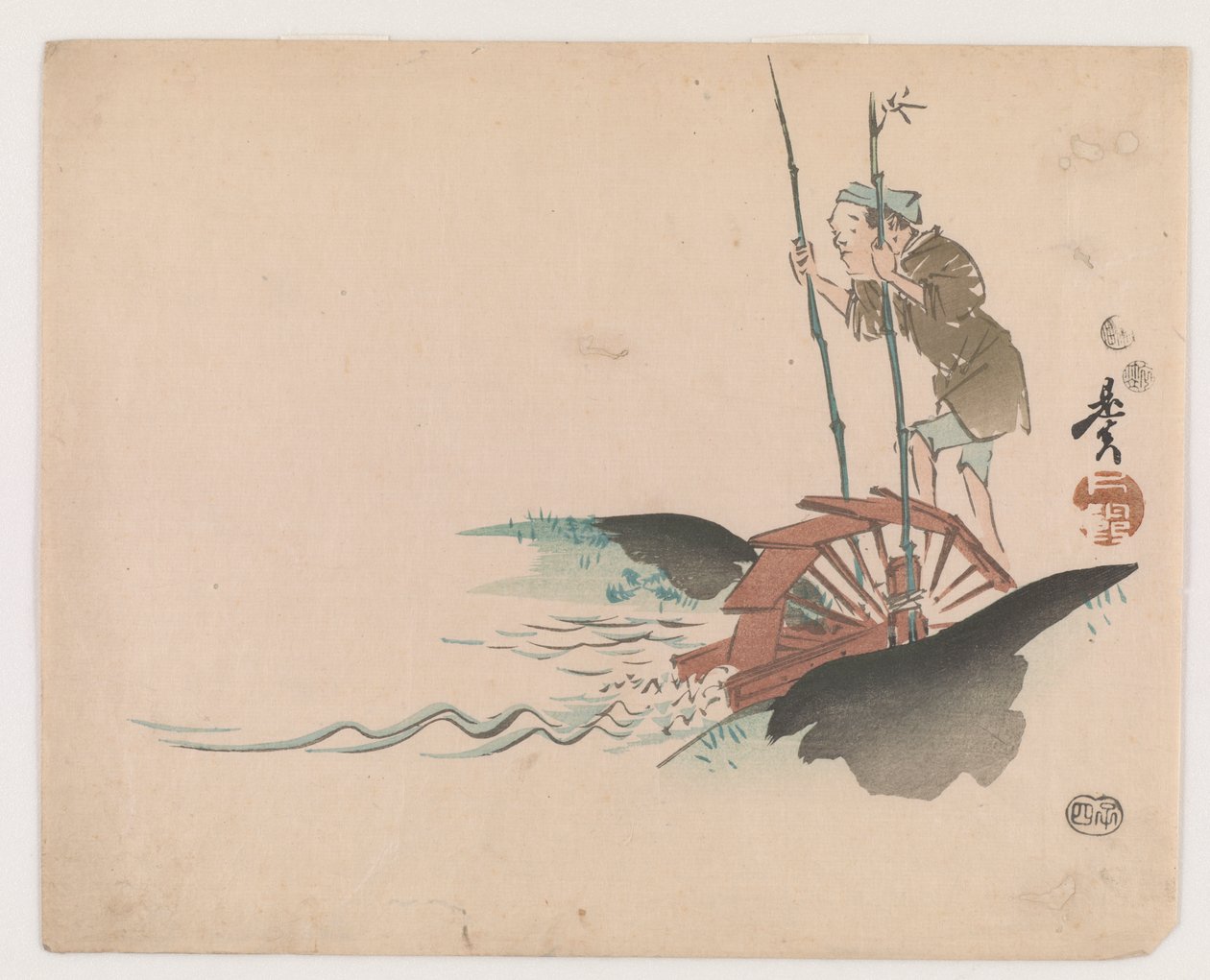 跑步机上的男人（彩色木版画） 作者 Shibata Zeshin