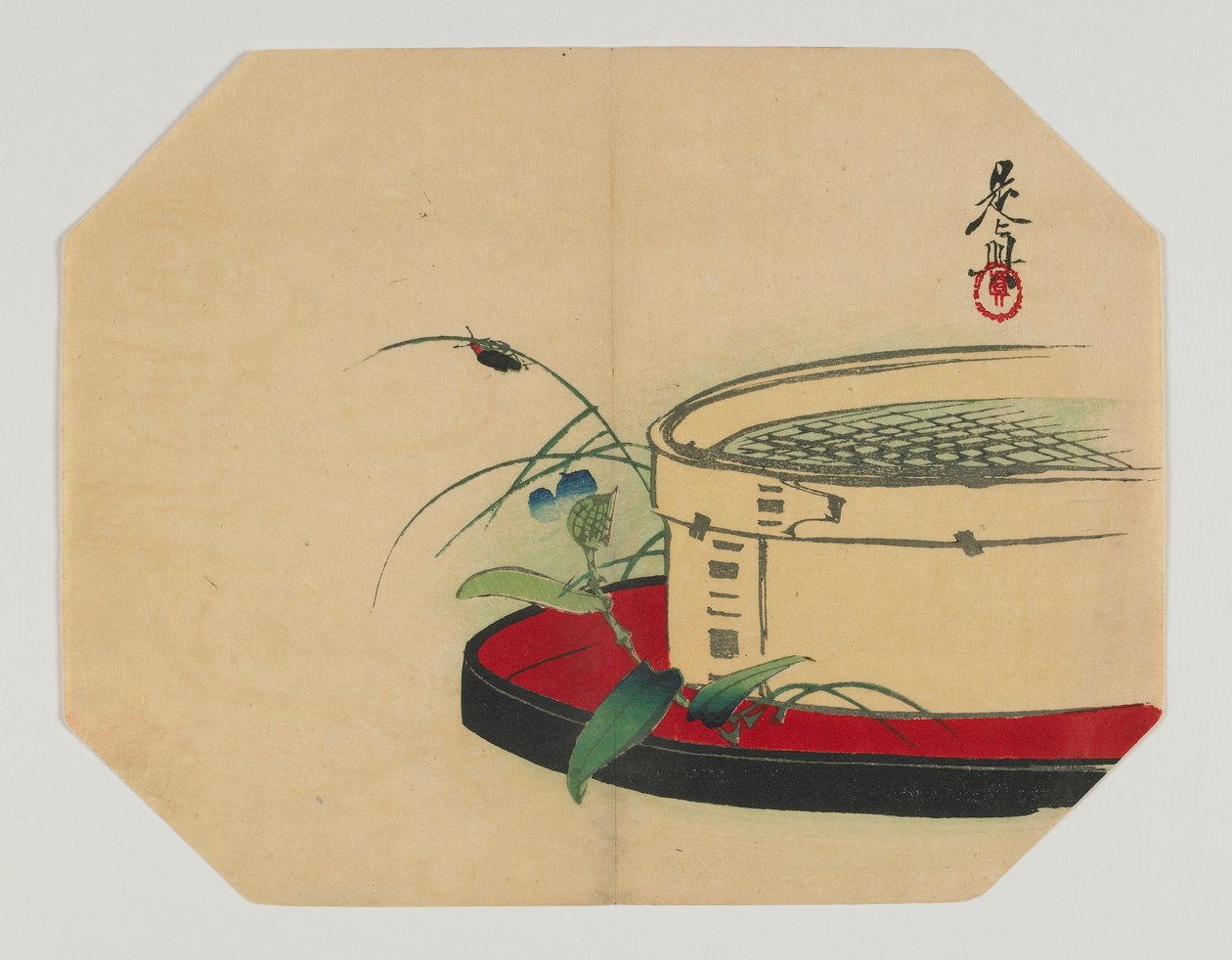 打印一个uchiwa;萤火虫开花植物，竹筛，明治时代，19世纪末（彩色木版画） 作者 Shibata Zeshin