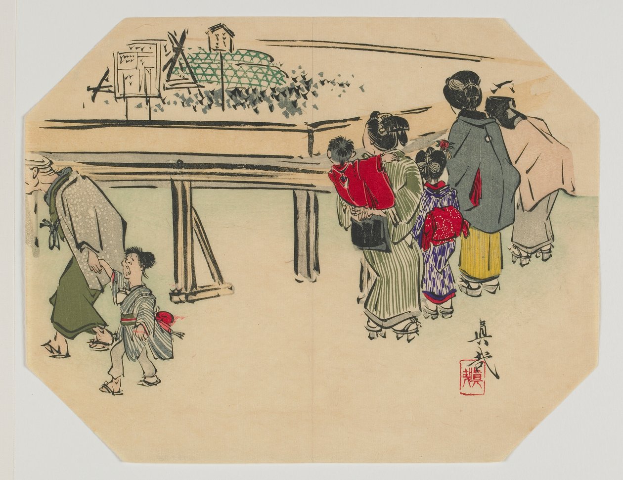 打造为uchiwa，妇女和儿童，明治时代，19世纪末（彩色木版画） 作者 Shibata Zeshin