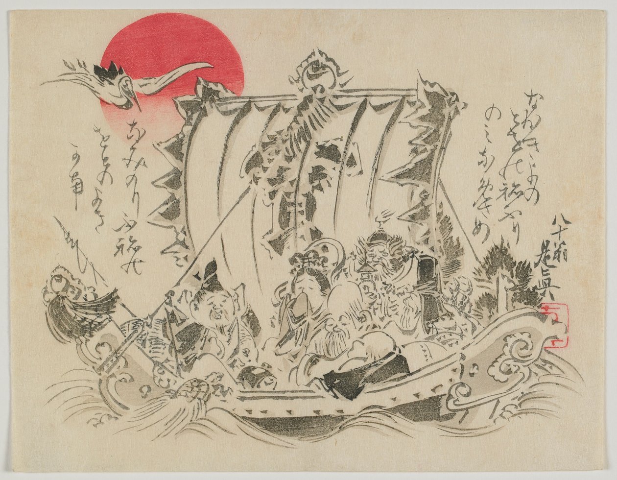 明治时代，19世纪末的彩色宝船中的七大财神（彩色木版画） 作者 Shibata Zeshin