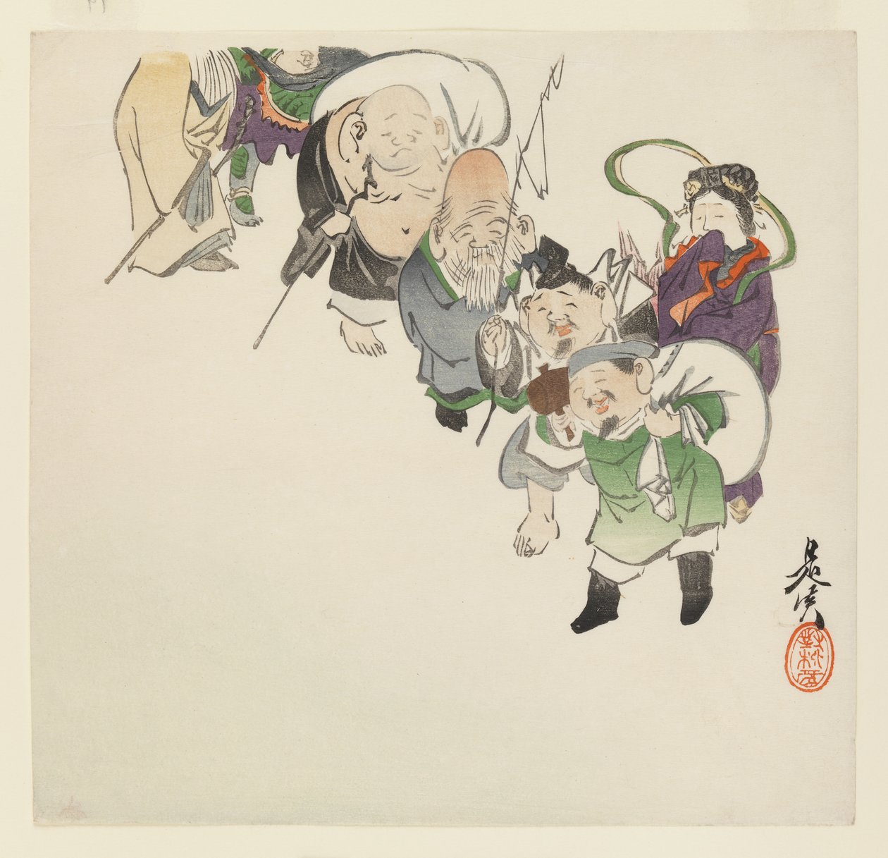 七个好运的神，c。 1885年（木版彩色印刷） 作者 Shibata Zeshin