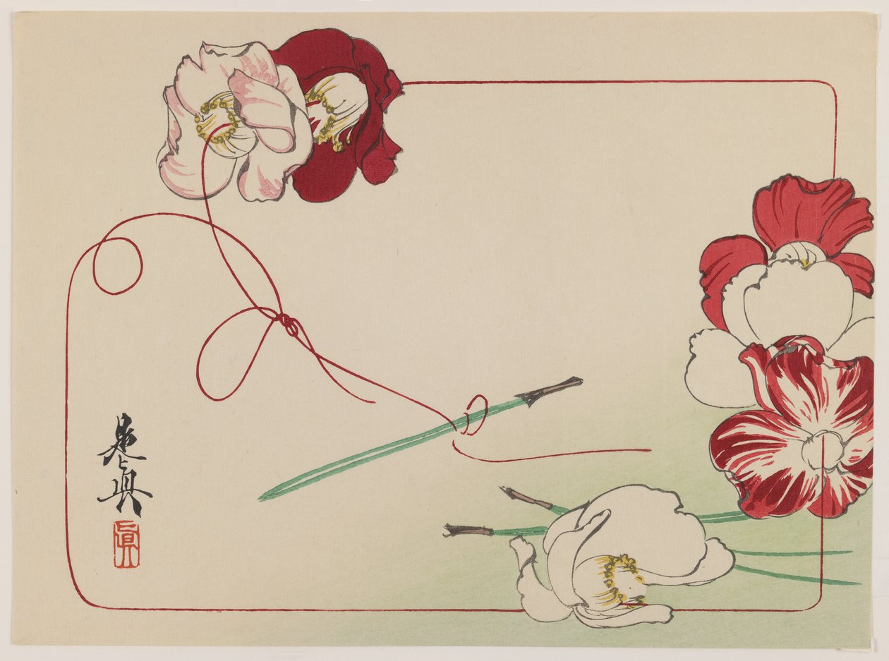 串起罂粟花，来自花卉比较系列，c.1875-90（纸上彩色木版画） 作者 Shibata Zeshin