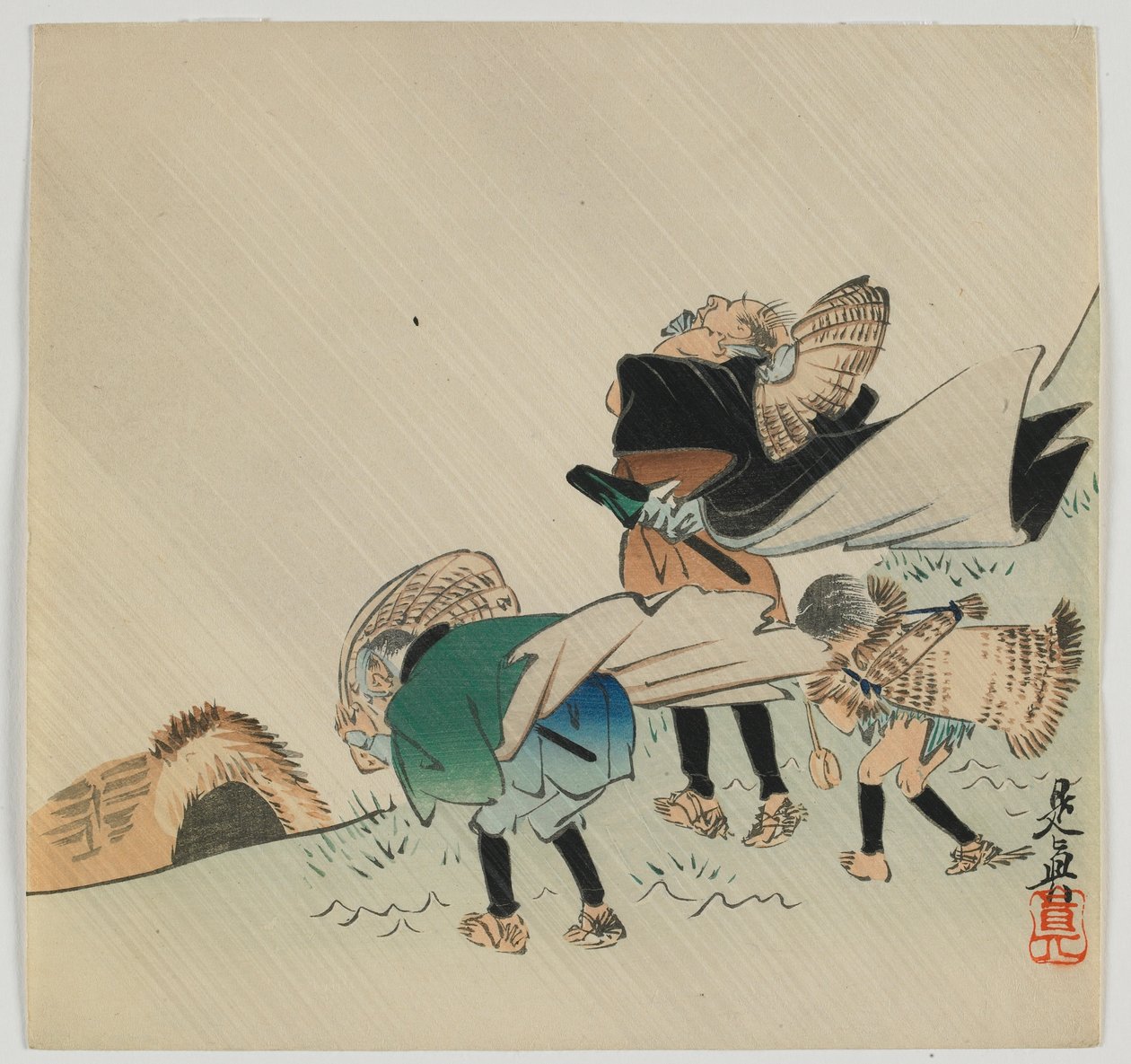 明治时代，19世纪末期的三位旅客风（彩色木版画） 作者 Shibata Zeshin