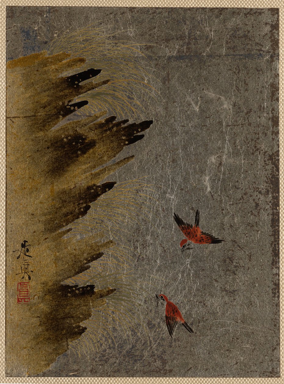 鸟类和突起的岩石。 作者 Shibata Zeshin