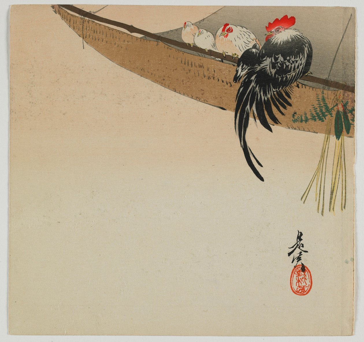 在明治时代，19世纪末的彩虹栖息的鸡（彩色木版画） 作者 Shibata Zeshin