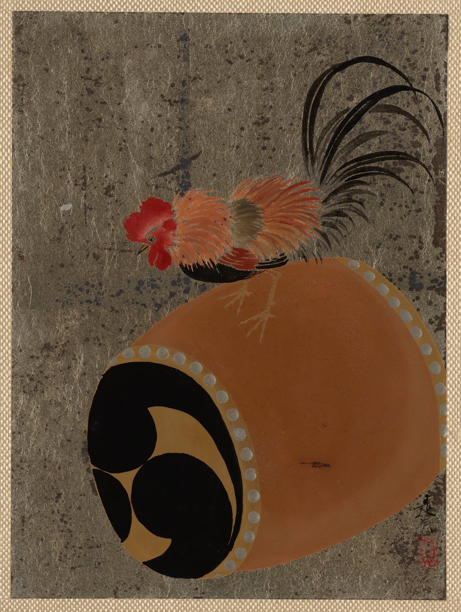 1882年《鼓上鸡》。 作者 Shibata Zeshin