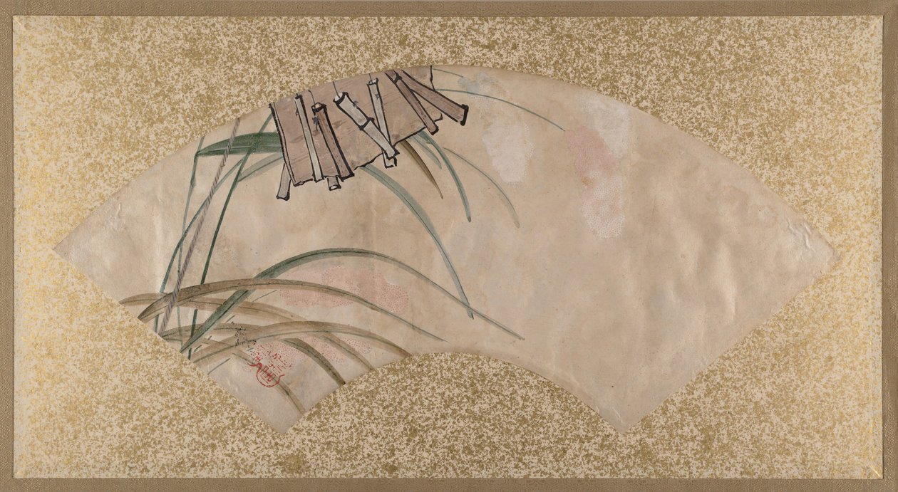 花粉红色和白色，叶子，拍板，十九世纪末。 作者 Shibata Zeshin
