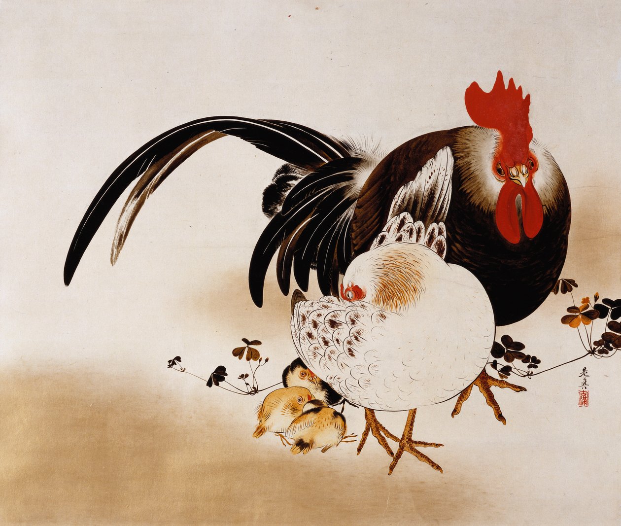 悬挂的卷轴描绘了公鸡，母鸡和小鸡（准备好的纸上的彩色漆） 作者 Shibata Zeshin