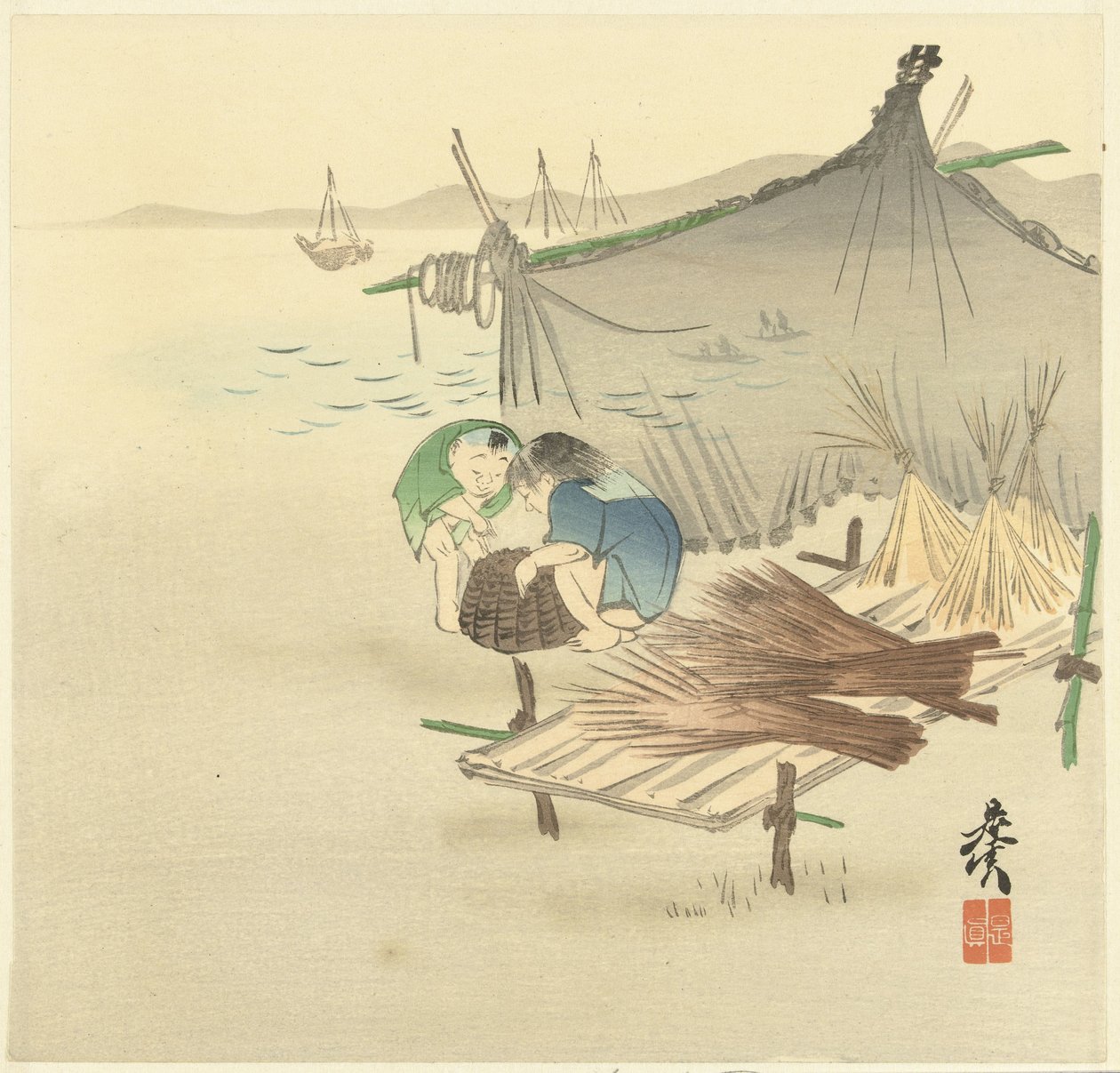 渔网旁的儿童 作者 Shibata Zeshin