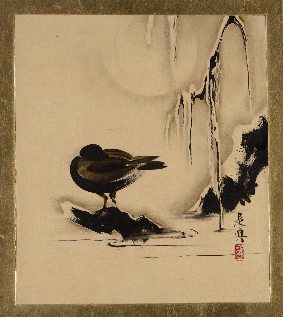 各种题材的漆画：《雪中的鸟和柳》，1882年。 作者 Shibata Zeshin