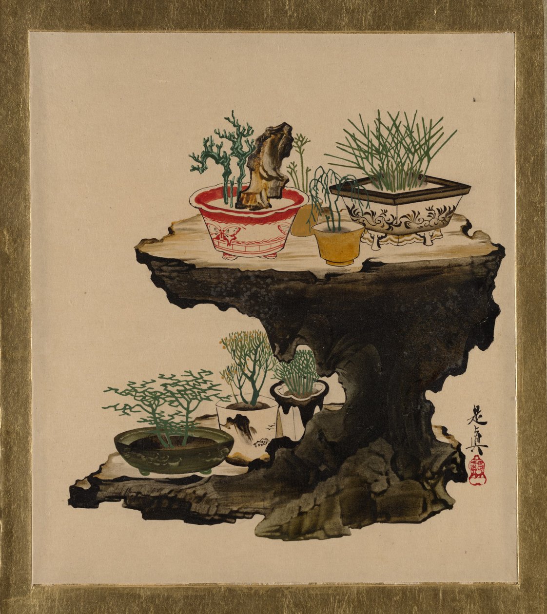 各种题材的漆画：盆景，1882年。 作者 Shibata Zeshin