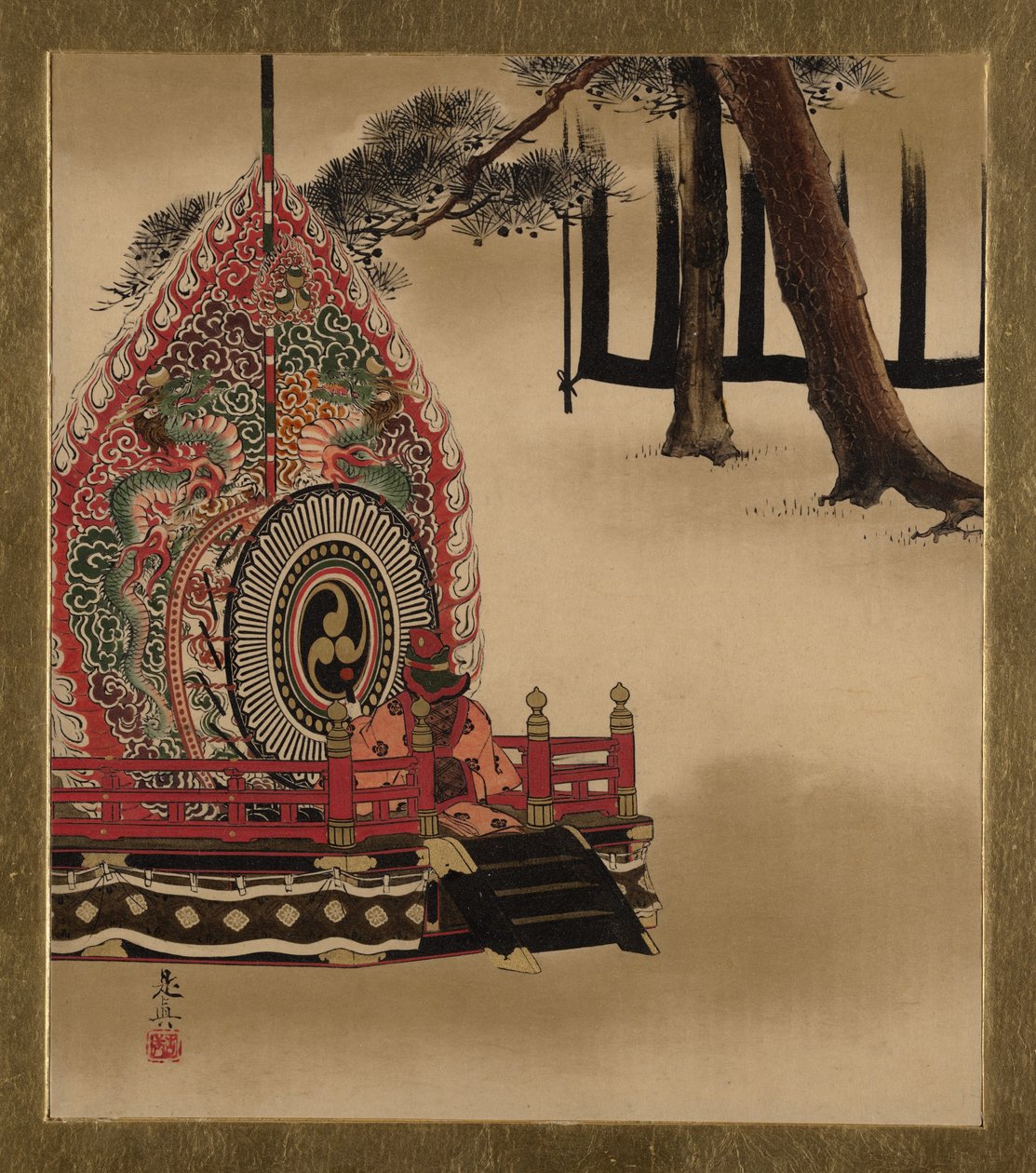 各种题材的漆器画：Gagaku舞蹈的鼓，1882年。 作者 Shibata Zeshin