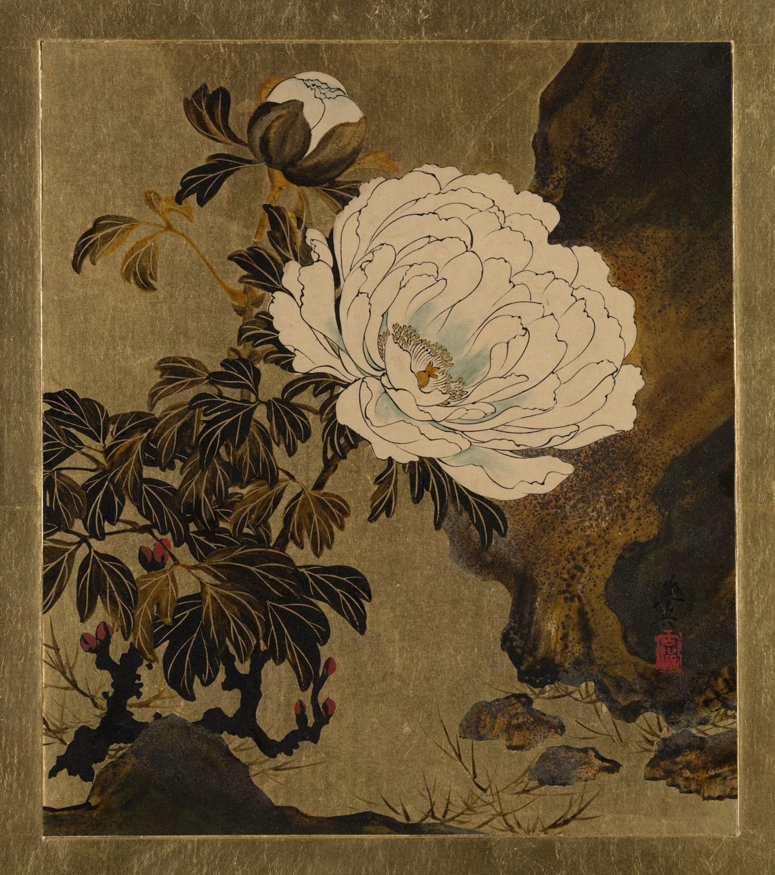 各种题材的漆画：牡丹，1882年。 作者 Shibata Zeshin