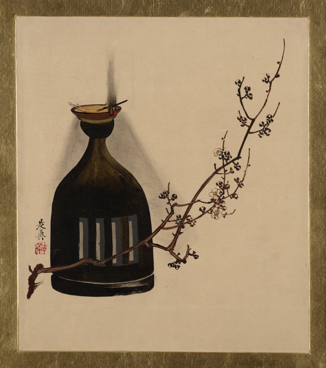各种题材的漆画：带油灯的梅花树枝，1882年。 作者 Shibata Zeshin