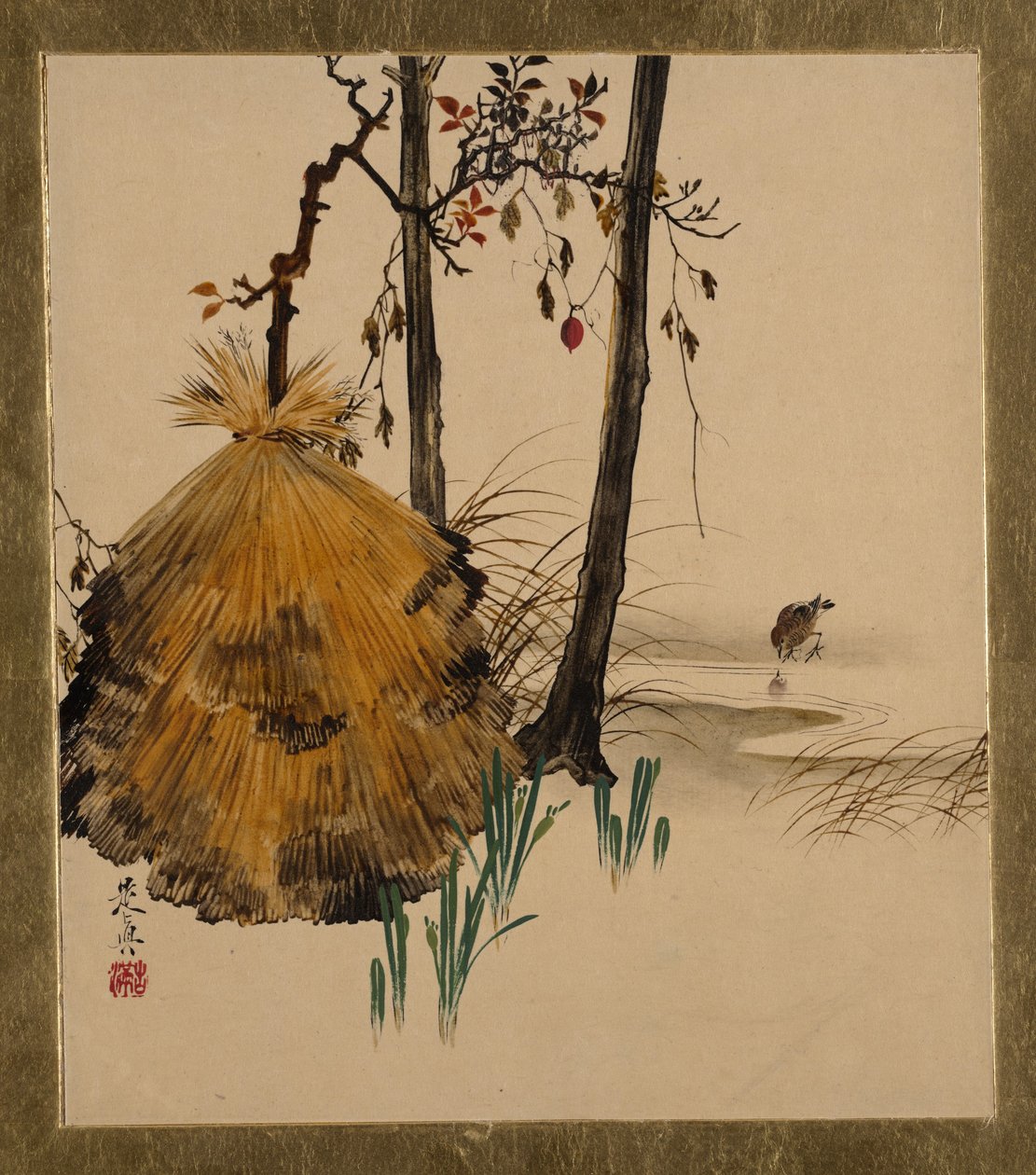 各种题材的漆画：带麻雀的一棵树的雪屋，1882年。 作者 Shibata Zeshin