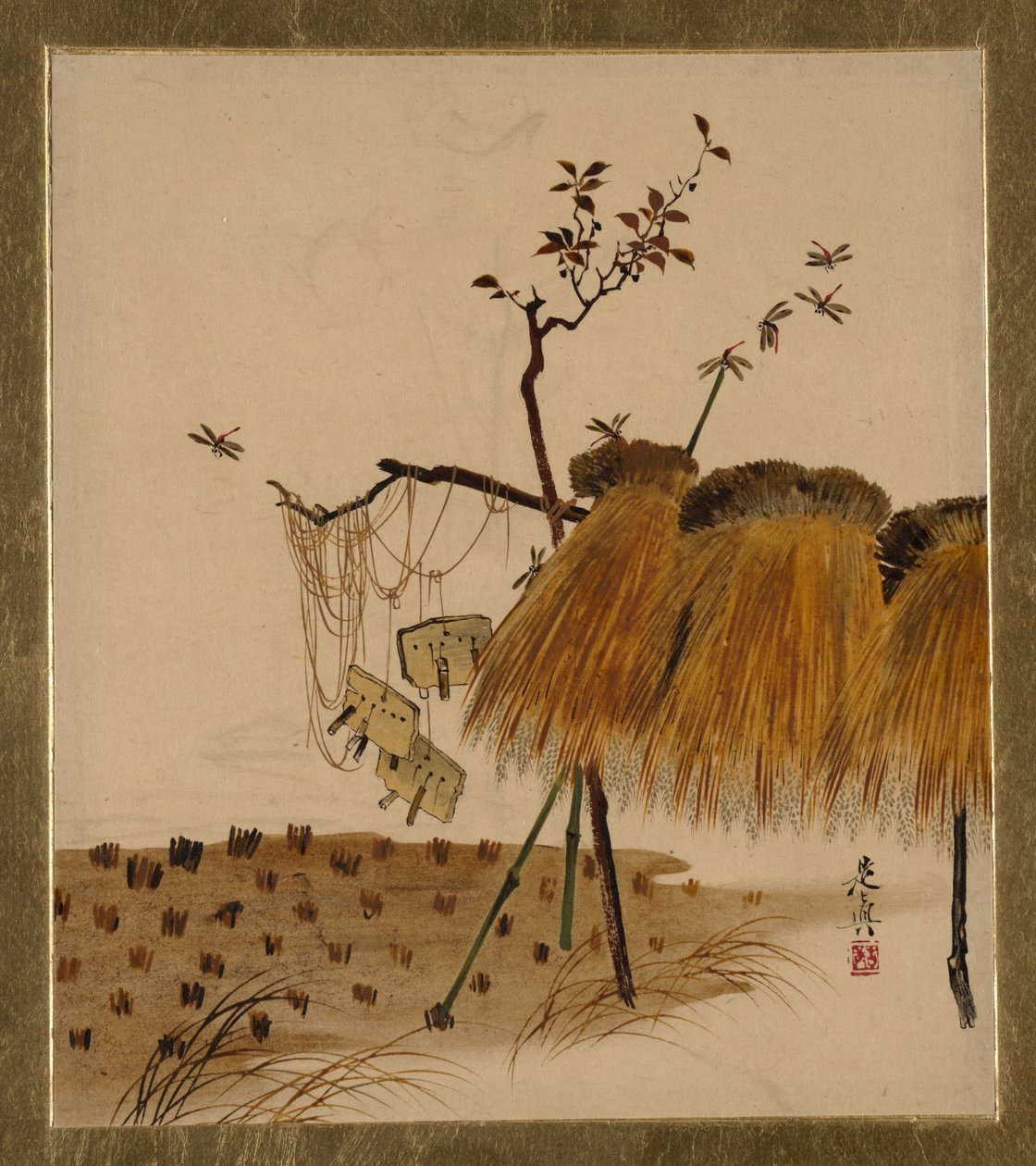 各种题材的漆画：大米和蜻蜓叠，1882年。 作者 Shibata Zeshin