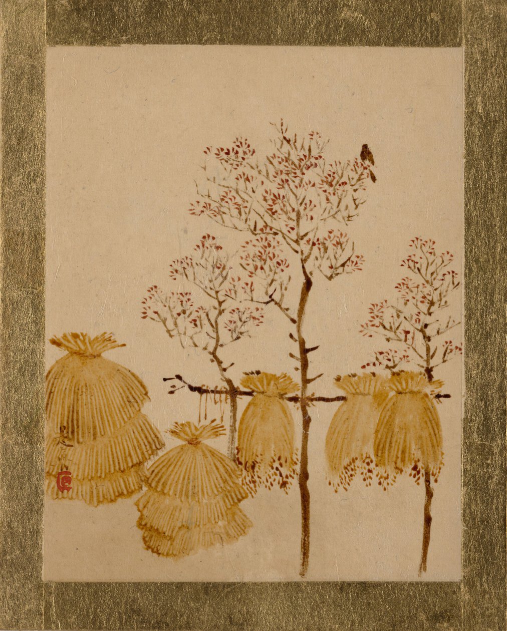 稻草堆和树木。 作者 Shibata Zeshin