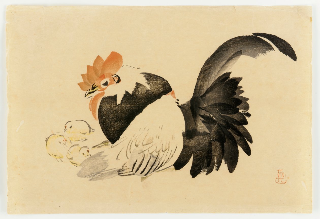 雄鸡，母鸡和小鸡，明治时代，1870-79（彩色木版画） 作者 Shibata Zeshin