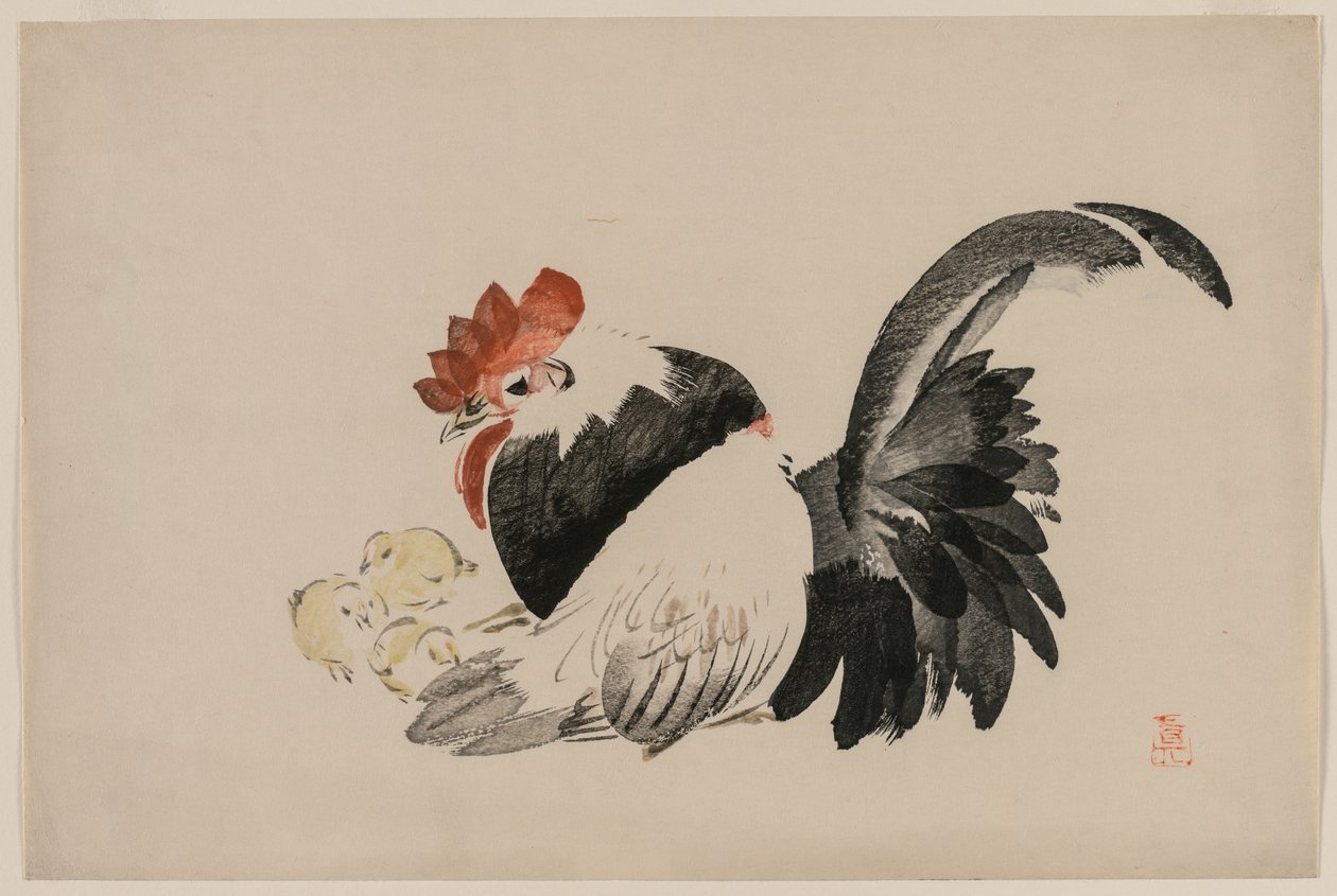 公鸡，母鸡和小鸡c。 1880年代。 作者 Shibata Zeshin