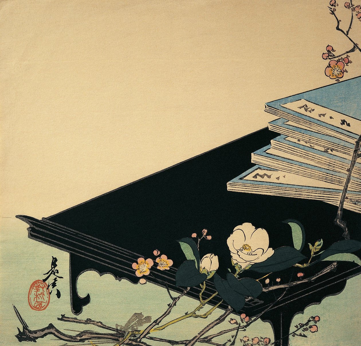 桌上的书堆和梅花 作者 Shibata Zeshin