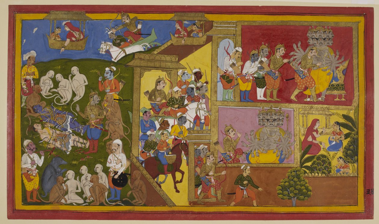 因陀罗吉特打伤了罗摩和罗睺罗；猴子们感到绝望，但维布希阿那（Vibhīṣaṇa）安慰了它们。 作者 