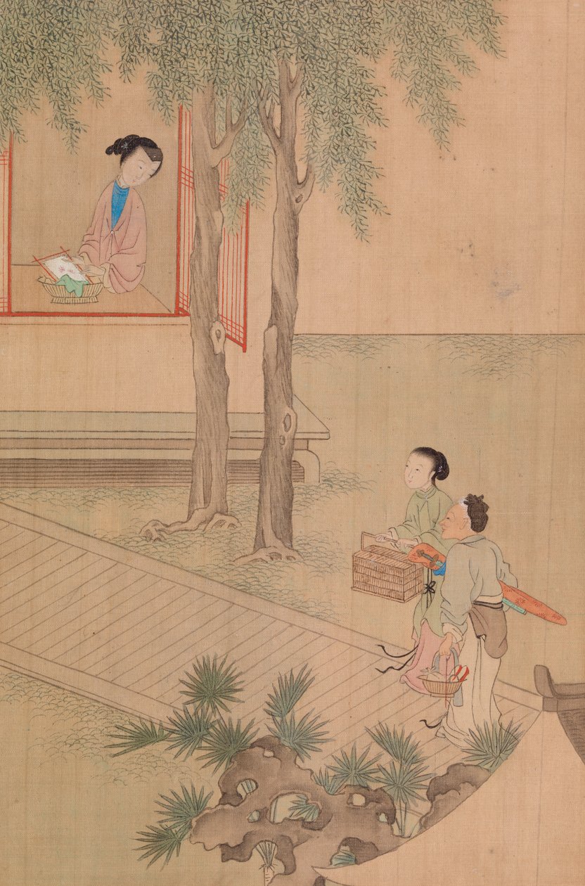 两个女孩用鸟笼和篮子（墨水在纸上） 作者 时富秋英时富秋英