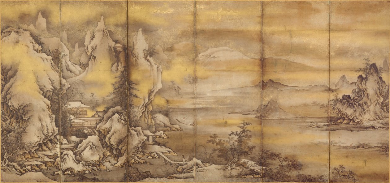 日本: 『式部輝忠筆 四季山水図屏風室町時代四季山水図屏風室町時代》一對（亞洲藝術博物館 B60D49+） 作者 式部照忠