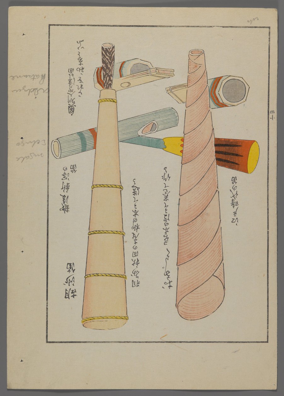 日本玩具，来自Shimizu Seifu，1891-1923的Unai no tomo（A Childs Friends）。长笛和角。 作者 清水清风