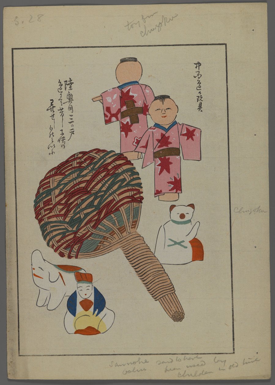 日本玩具，来自Shimizu Seifu，1891-1923的Unai no tomo（A Childs Friends）。拨浪鼓，小雕像。 作者 清水清风