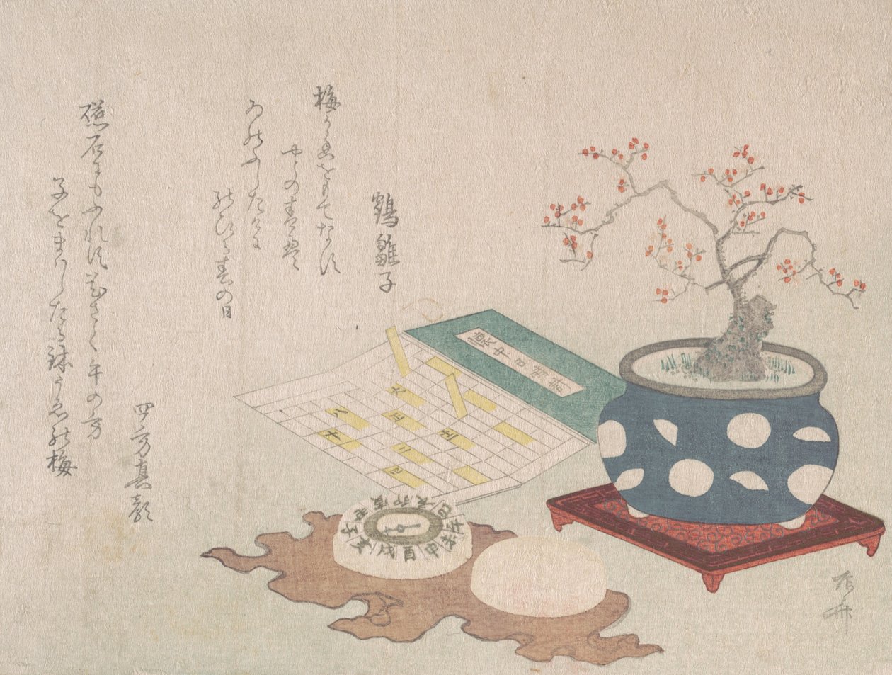 盆景梅花、指南针和带有日历设计的袖珍日晷，出自《春雨苏里曼》，1806年。 作者 心斋