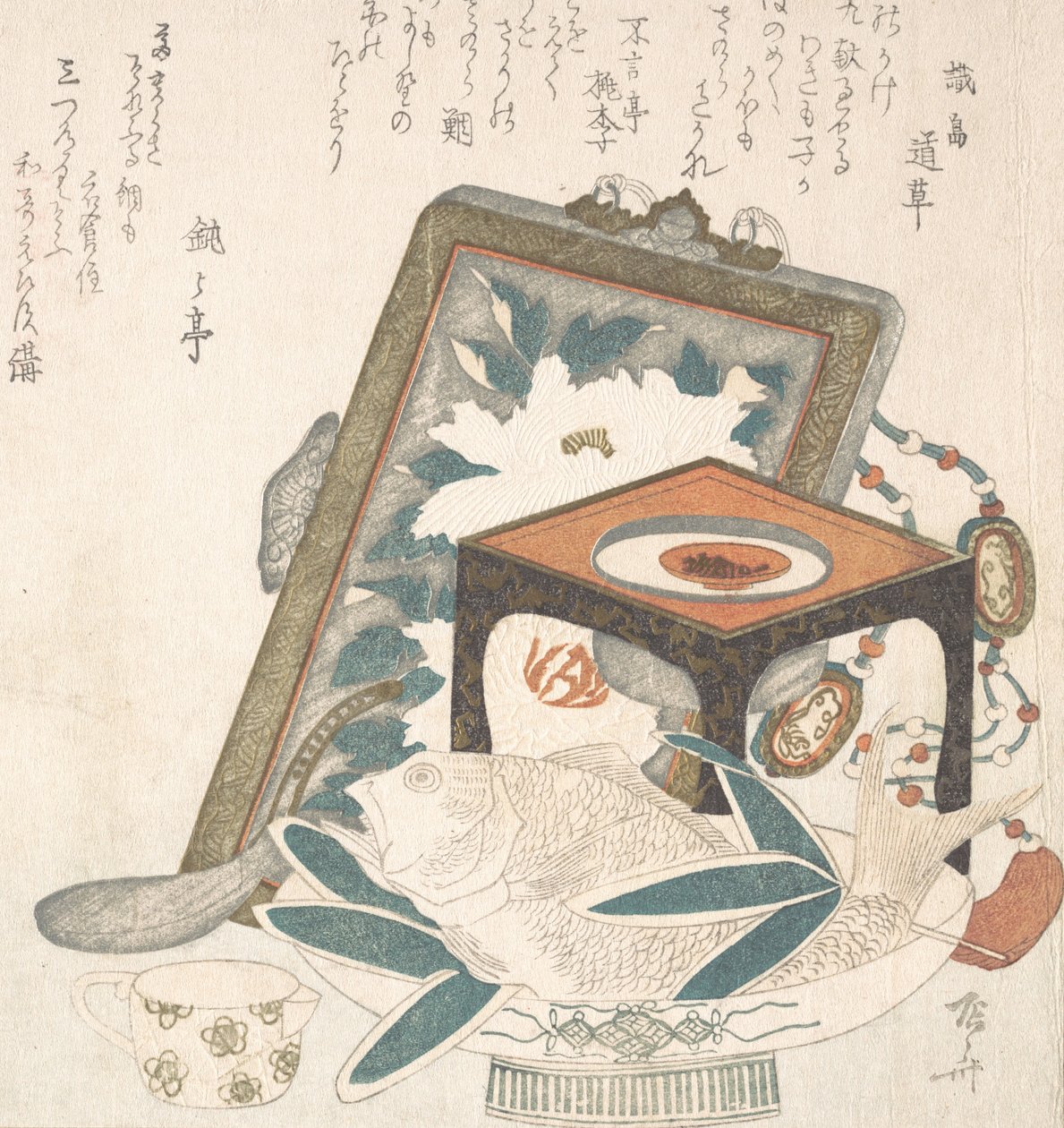 有框画，带酒杯的小支架和带鱼的盘子，19世纪。 作者 心斋
