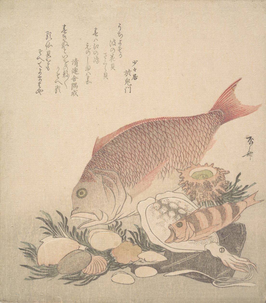大鱼和小鱼在海底的贝壳和青苔中游泳，约1830年。, 约1830年。 作者 心斋