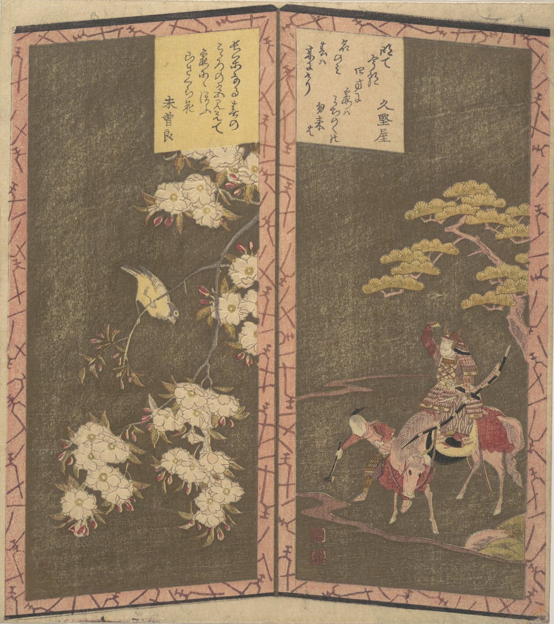 左图：樱桃树枝上的鸟，右图：Minamotono Yoshiié在马背上。 作者 心斋