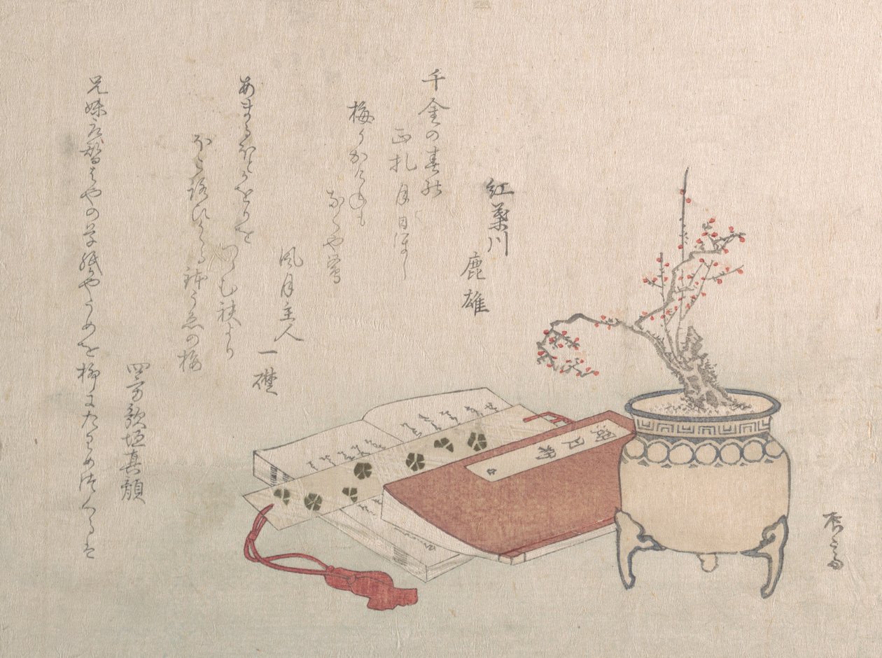 盆栽梅花树开花和书，19世纪。，19世纪。 作者 心斋