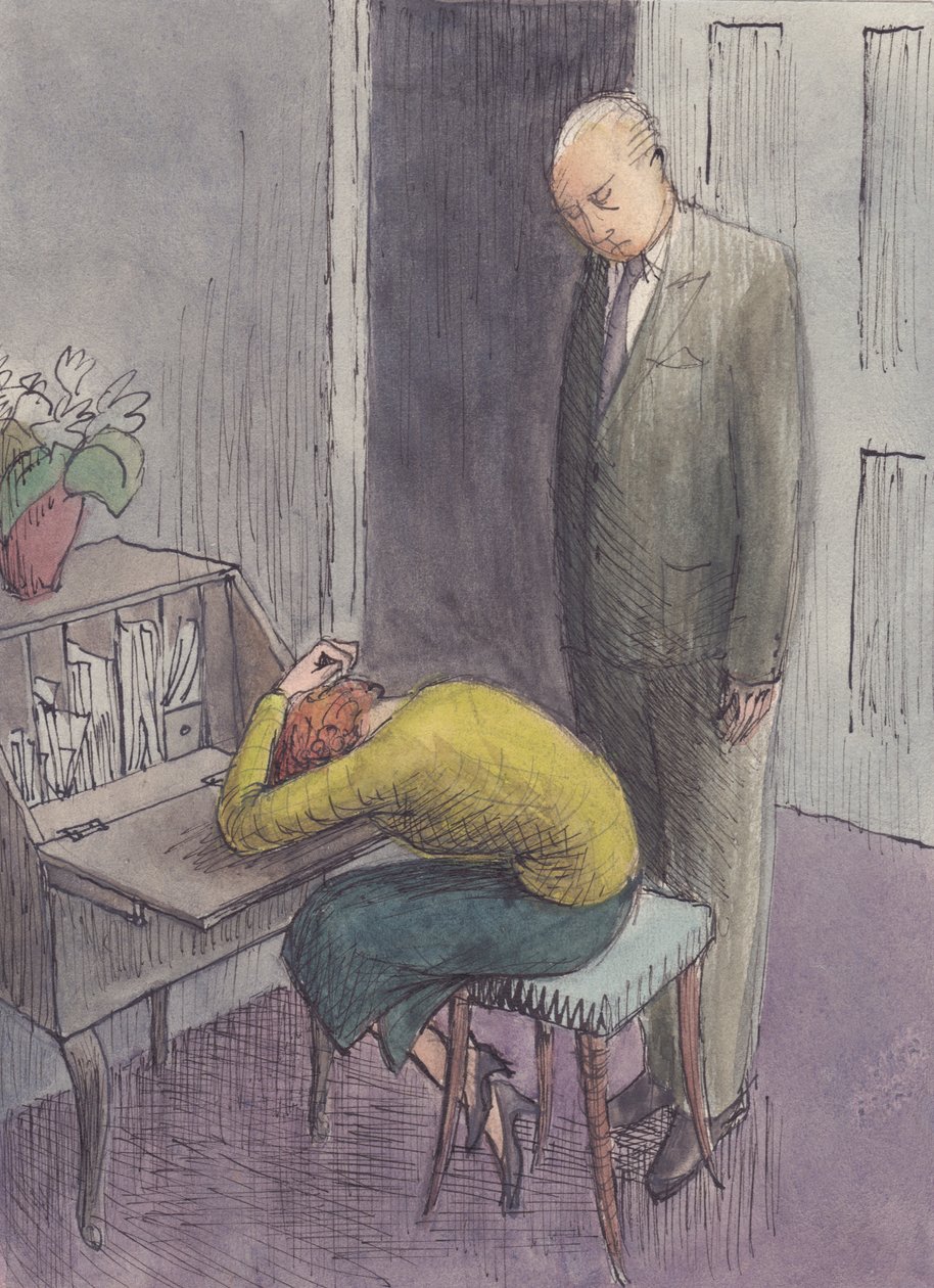 男子站在畏缩的女子身上，1952年。 作者 雪莉·马卡姆