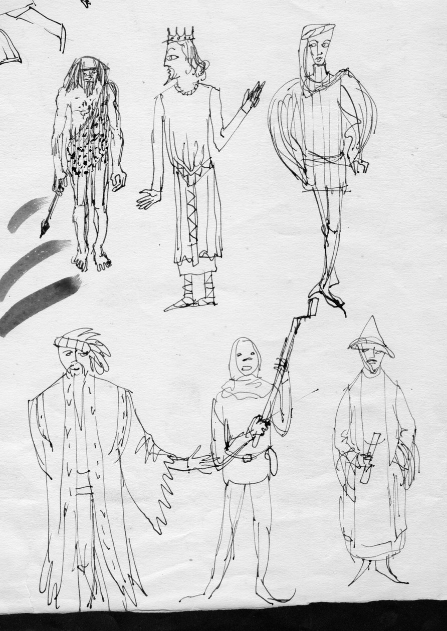 一页素描，身着时代服装的人，约1950年。 作者 雪莉·马卡姆