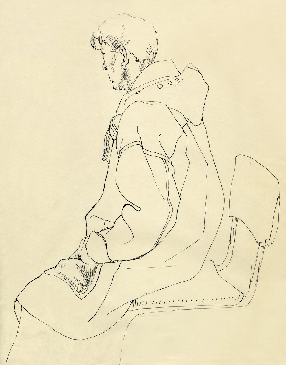 穿着帆布大衣的坐着的男人，约1952年。 作者 雪莉·马卡姆
