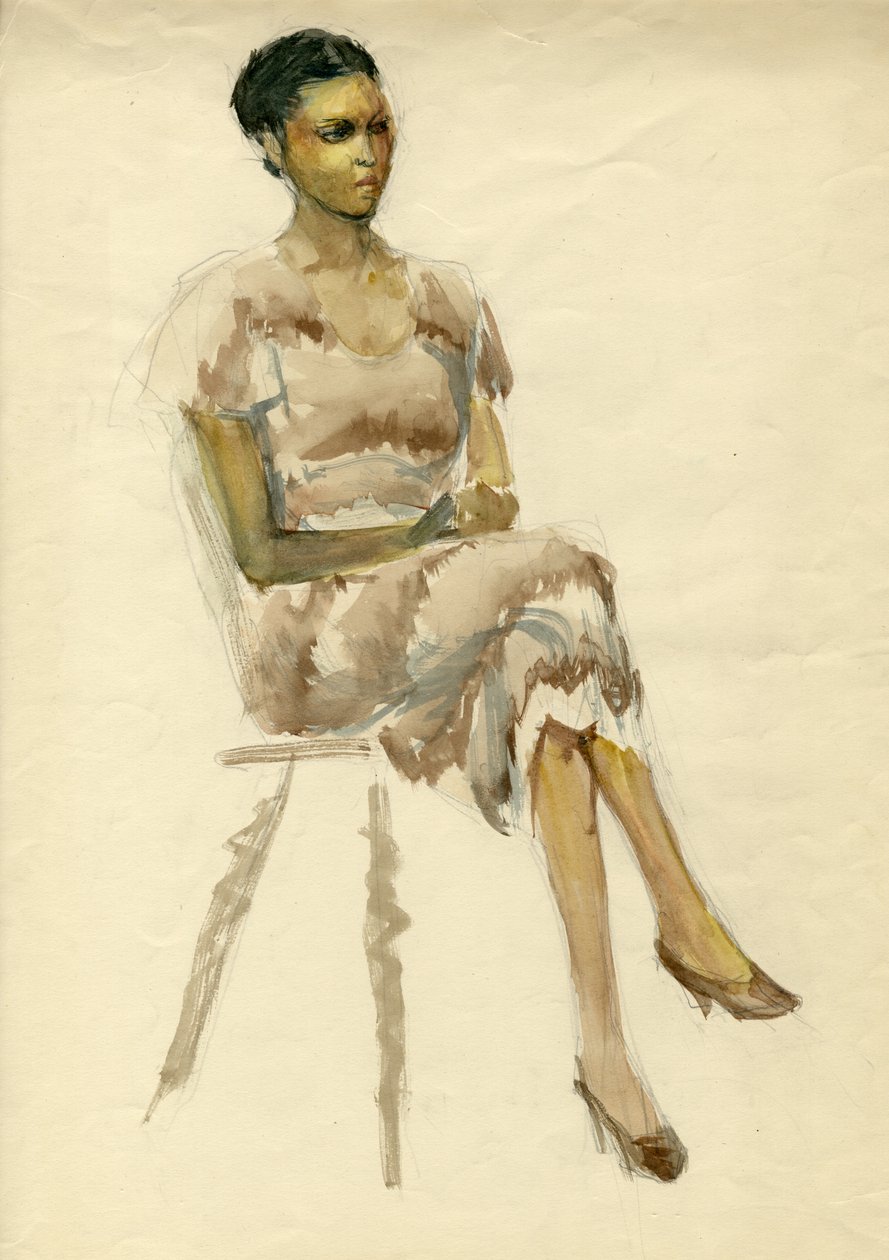 穿棕色衣服的坐着的女人，约1952年。 作者 雪莉·马卡姆